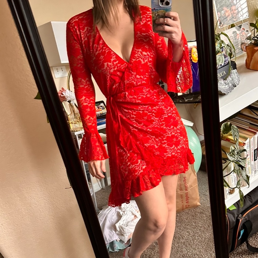 We Are Hah Red Lace Ruffle Dress XS